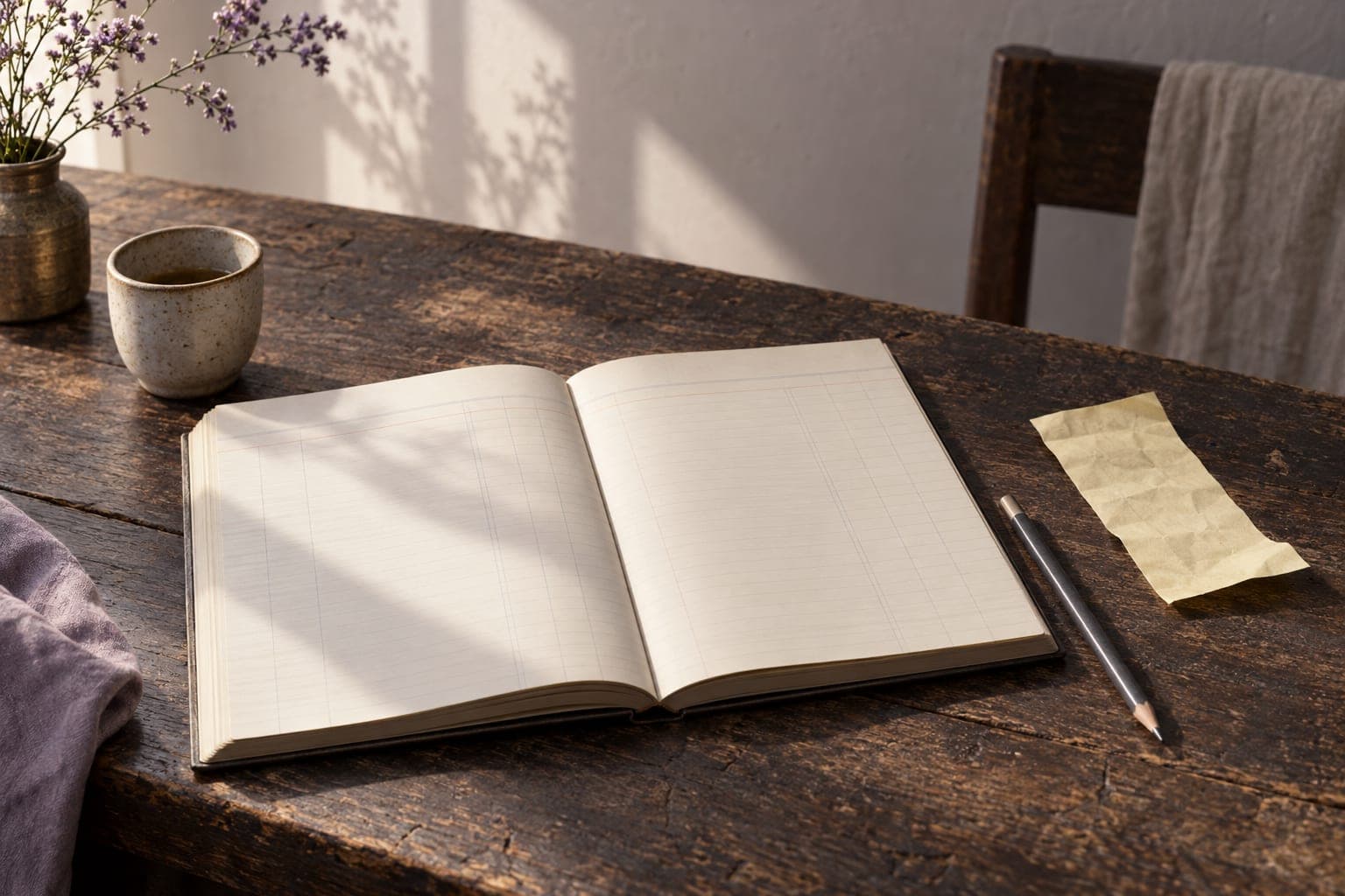 An open cream notebook, graphite pencil and yellow paper slip on a dark timber surface
